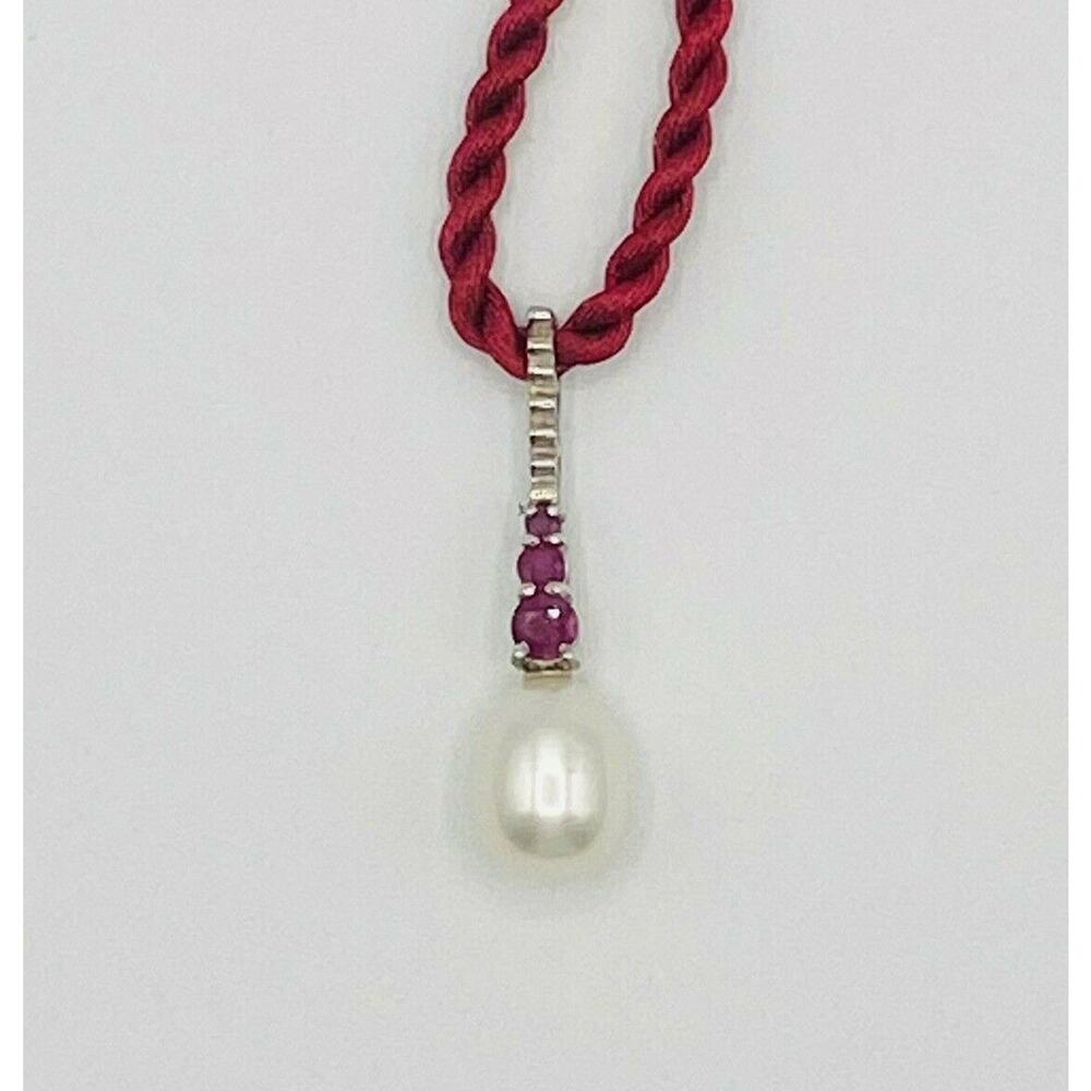 Sterling Silver Burma Ruby & Pearl Pendant Necklace - Picture 2 of 9